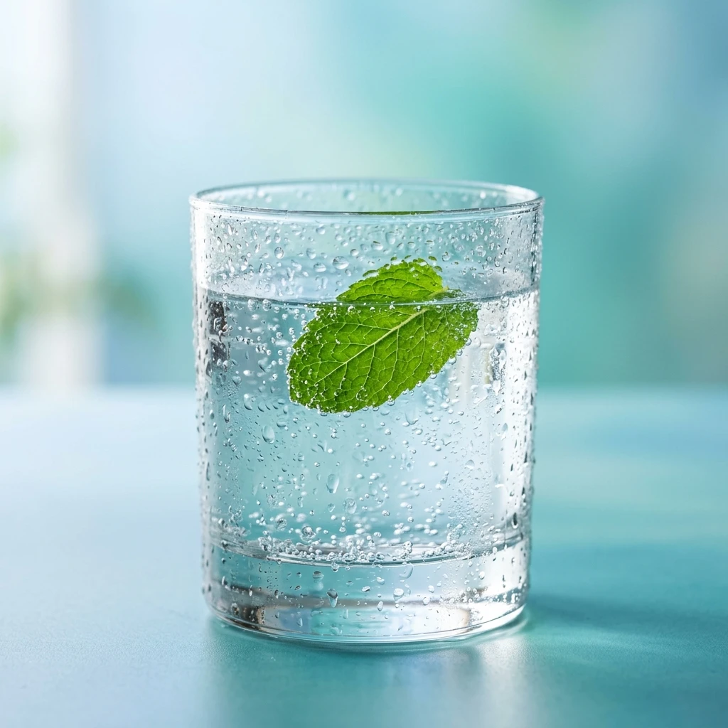 A clear glass of refreshing water with condensation and a mint leaf on a light blue background
