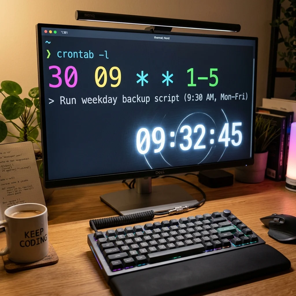 Terminal window with cron schedule fields and a clock illustration