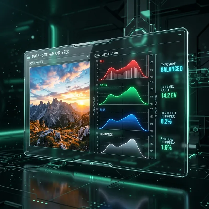 RGB, luminance and exposure histogram charts next to a landscape photo