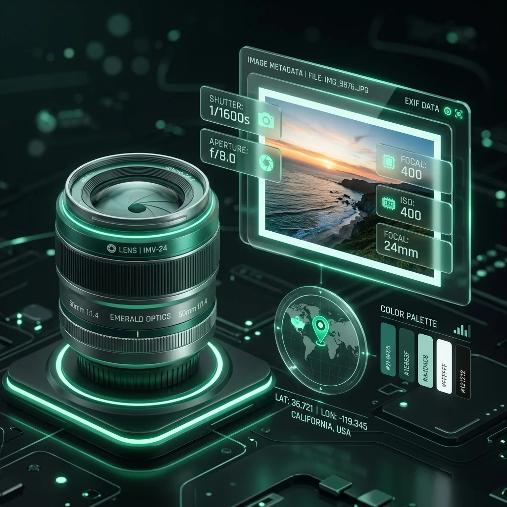 3D render of a camera lens and photo print showing metadata information overlay