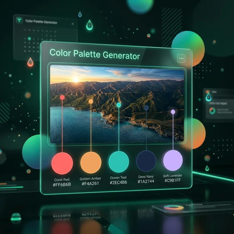 Grid of extracted color swatches with hex codes beside a source photo